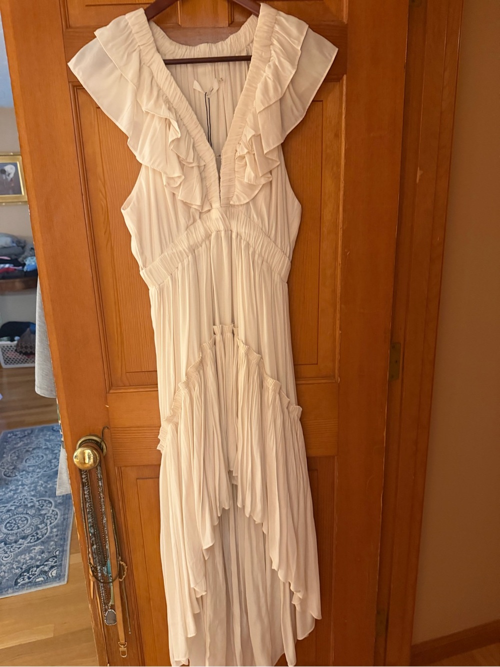 Mustard Seed Cream Ruffle High-Low Maxi Dress